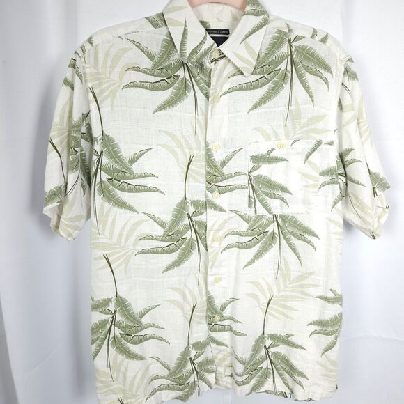 Marc Edwards Mens Medium Beige Hawaiian Tropical Linen Rayon Blend Shirt - Picture 1 of 6